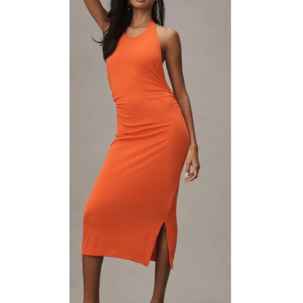 Anthropologie slinky knit Ruched Halter Neck Midi Dress Orange red